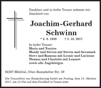 Traueranzeige von Joachim-Gerhard Schwinn von Trauerportal Echo Online