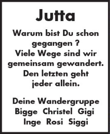 Traueranzeige von Jutta  von Trauerportal Rhein Main Presse