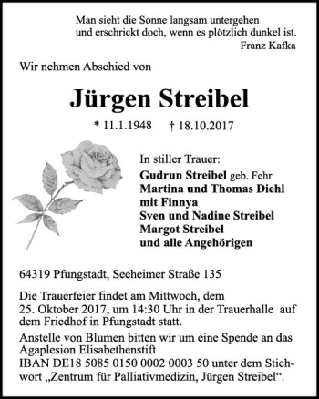 Traueranzeige von Jürgen Streibel von Trauerportal Echo Online