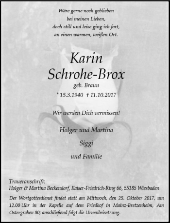 Traueranzeige von Karin Schrohe-Box von Trauerportal Rhein Main Presse