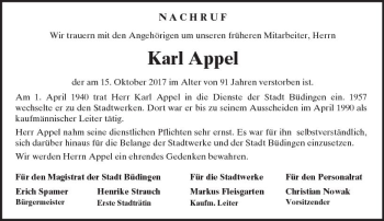 Traueranzeige von Karl Appel von  Kreisanzeiger