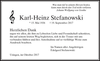 Traueranzeige von Karl-Heinz Stefanowski von  Usinger Anzeiger
