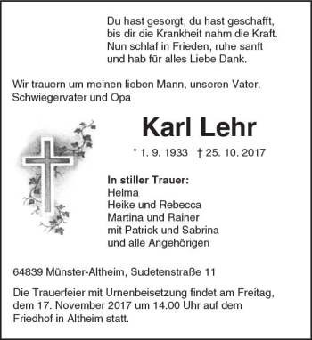 Traueranzeige von Karl Lehr von Trauerportal Echo Online