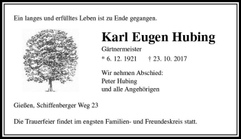 Traueranzeige von Karl Eugen Hubing von  Gießener Anzeiger