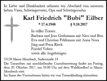 Traueranzeige von Karl Friedrich Eilber von Trauerportal Rhein Main Presse