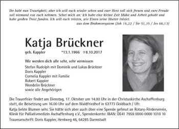 Traueranzeige von Katja Brückner von Trauerportal Echo Online