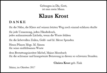 Traueranzeige von Klaus Krost von Trauerportal Rhein Main Presse