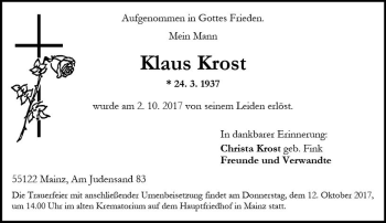 Traueranzeige von Klaus Krost von Trauerportal Rhein Main Presse