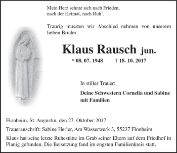 Traueranzeige von Klaus Rausch von Trauerportal Rhein Main Presse