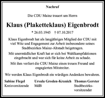 Traueranzeige von Klaus Plaketteklaus Eigenbrodt von Trauerportal Rhein Main Presse