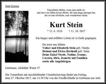 Traueranzeige von Kurt Stein von VRM Trauer