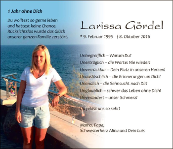 Traueranzeige von Larissa Gördel von Trauerportal Echo Online
