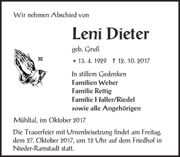 Traueranzeige von Leni Dieter von Trauerportal Echo Online