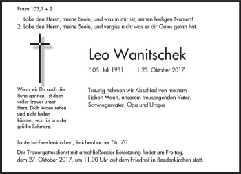 Traueranzeige von Leo Wanitscheck von Trauerportal Echo Online