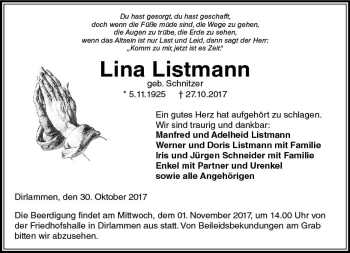 Traueranzeige von Lina Listmann von VRM Trauer