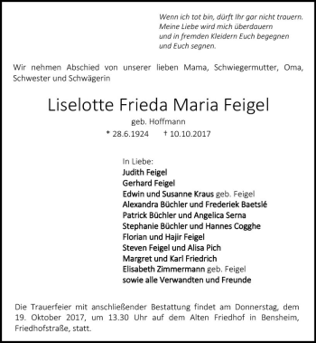 Traueranzeige von Liselotte Frieda Maria Feigel von Trauerportal Echo Online