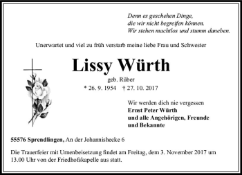 Traueranzeige von Lissy Würth von Trauerportal Rhein Main Presse