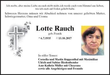 Traueranzeige von Lotte Rauch von Trauerportal Rhein Main Presse