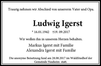 Traueranzeige von Ludwig Igerst von Trauerportal Rhein Main Presse