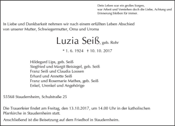 Traueranzeige von Luzia Seiß von Trauerportal Rhein Main Presse