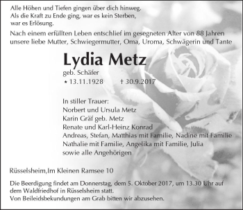 Traueranzeige von Lydia Metz von Trauerportal Rhein Main Presse