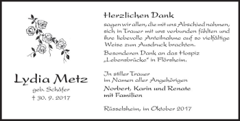 Traueranzeige von Lydia Metz von Trauerportal Rhein Main Presse