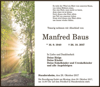 Traueranzeige von Manfred Baus von Trauerportal Rhein Main Presse