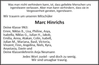 Traueranzeige von Marc Hinrichs von  Usinger Anzeiger