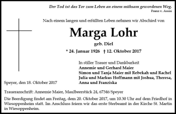 Traueranzeige von Marga Lohr von Trauerportal Rhein Main Presse