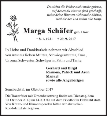 Traueranzeige von Marga  Schäfer von Trauerportal Echo Online