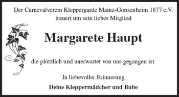 Traueranzeige von Margarete Haupt von Trauerportal Rhein Main Presse