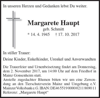 Traueranzeige von Margarete Haupt von Trauerportal Rhein Main Presse