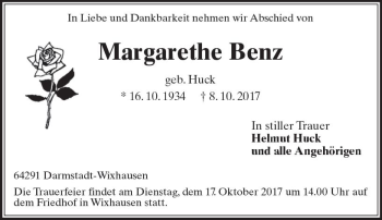 Traueranzeige von Margarethe Benz von Trauerportal Echo Online