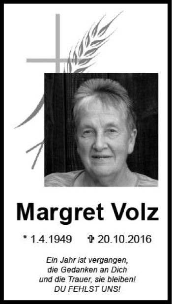 Traueranzeige von Margret Volz von Trauerportal Echo Online