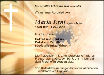 Traueranzeige von Maria Erni von Trauerportal Echo Online