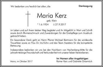 Traueranzeige von Maria Kerz von Trauerportal Rhein Main Presse