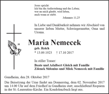Traueranzeige von Maria Nemecek von Trauerportal Rhein Main Presse