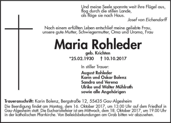 Traueranzeige von Maria Rohleder von Trauerportal Rhein Main Presse
