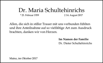 Traueranzeige von Maria Schultehinrichs von Trauerportal Rhein Main Presse