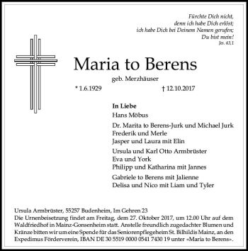 Traueranzeige von Maria to Berens von Trauerportal Rhein Main Presse