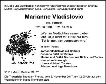 Traueranzeige von Marianne Vladislovic von Trauerportal Rhein Main Presse