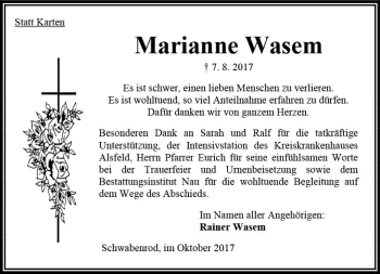 Traueranzeige von Marianne Wasem von VRM Trauer