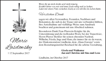 Traueranzeige von Marie Lasdowsky von  Kreisanzeiger