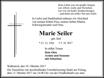 Traueranzeige von Marie Seiler von VRM Trauer