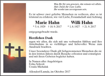 Traueranzeige von Marie und Willi Hahn von  Gießener Anzeiger