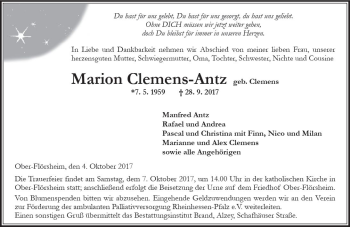 Traueranzeige von Marion Clemens-Antz von Trauerportal Rhein Main Presse