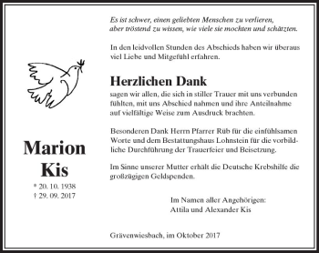 Traueranzeige von Marion Kis von  Usinger Anzeiger