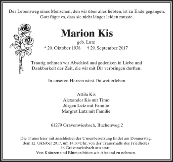 Traueranzeige von Marion Kis von  Usinger Anzeiger
