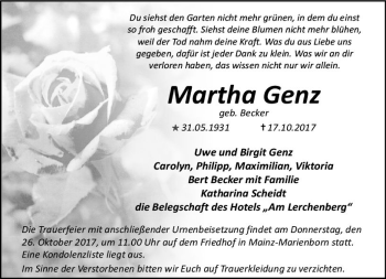 Traueranzeige von Martha Genz von Trauerportal Rhein Main Presse