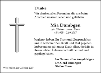 Traueranzeige von Mia Dümbgen von Trauerportal Rhein Main Presse